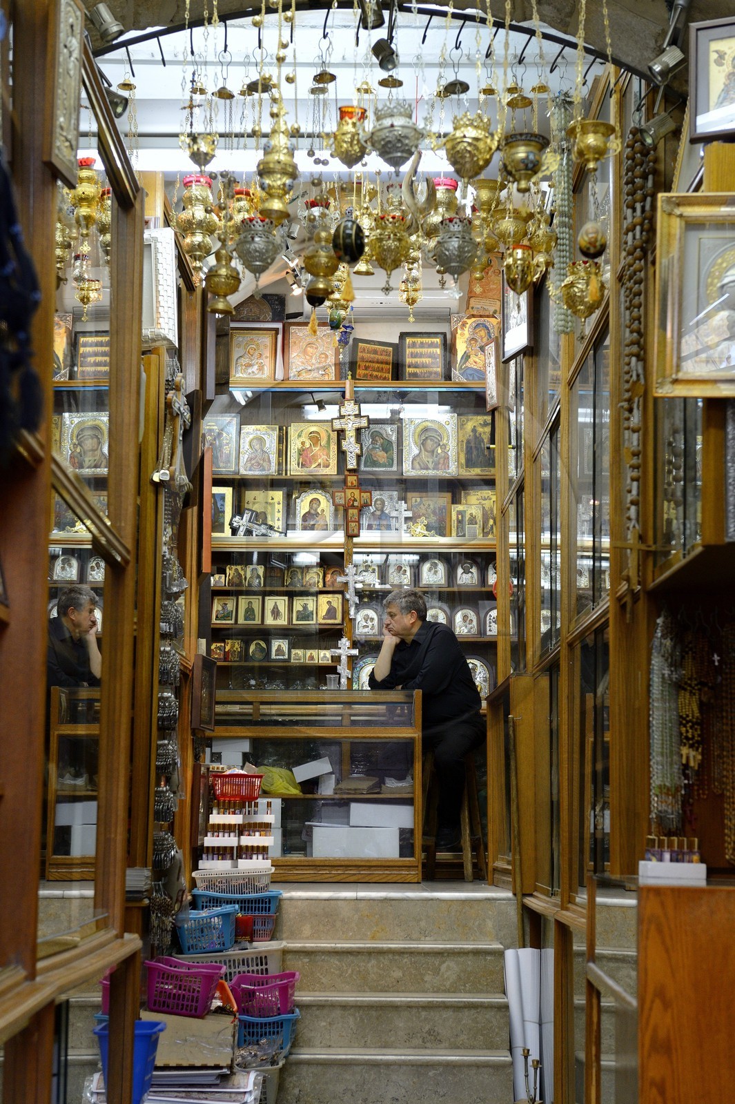 Israel, Jerusalem, holy city, the old town listed as World Heritage by UNESCO, Christian Quarter, souvenir shop and religious products of the three religions