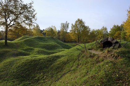 France, Meuse, Douaumont, landscape marked by shell holes still a century after the battle of Verdun, ouvrage Thiaumont along the ossuary of Douaumont, the shredded remains of a fort armored observation turret