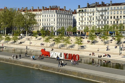France, Rhone, Lyon, the banks of the Rhone river, the quai Victor Augagneur, OnlyLyon is the aglomeration Communication label