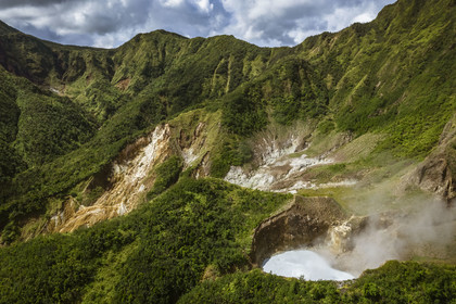 Caribbean, Dominica Island, Castle Bruce, Morne Trois Pitons National Park listed as World heritage by UNESCO, Valley of Desolation, the Boiling Lake, the second largest flooded fumarole boiling lake in the world (aerial view)