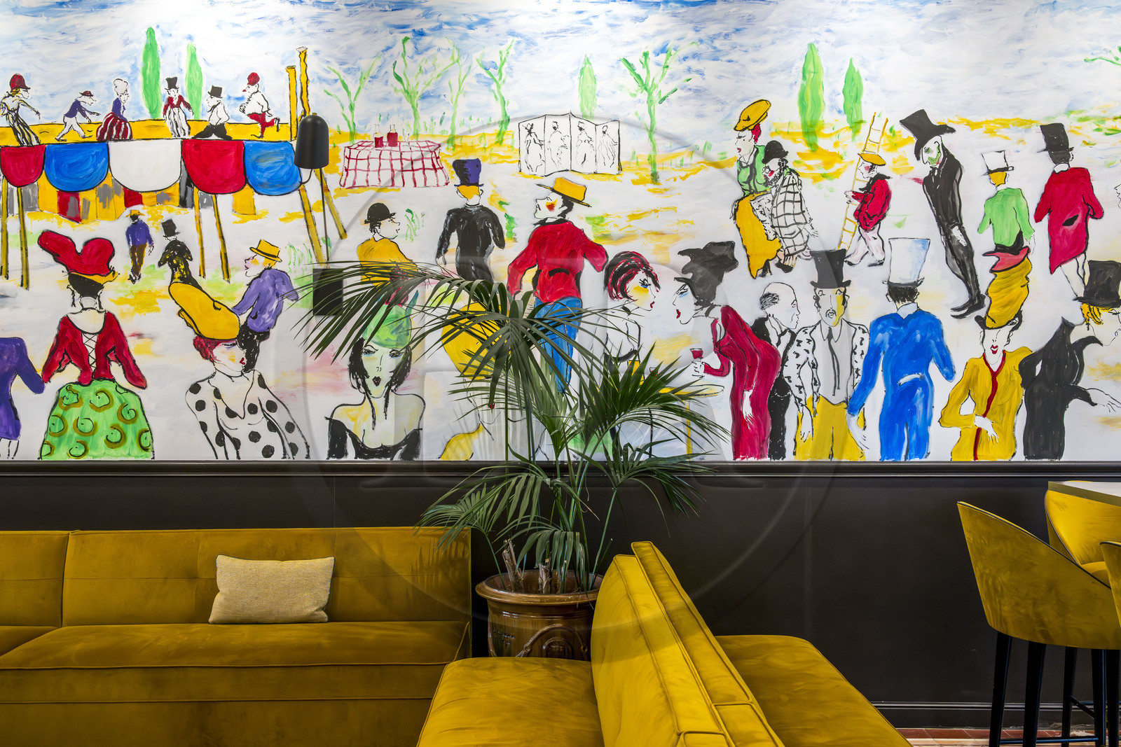 France, Vaucluse (84), Châteauneuf-du-Pape, fresque de Hippolyte Romain (2022) dans la salle historique du restaurant étoilé Michelin La Mère Germaine