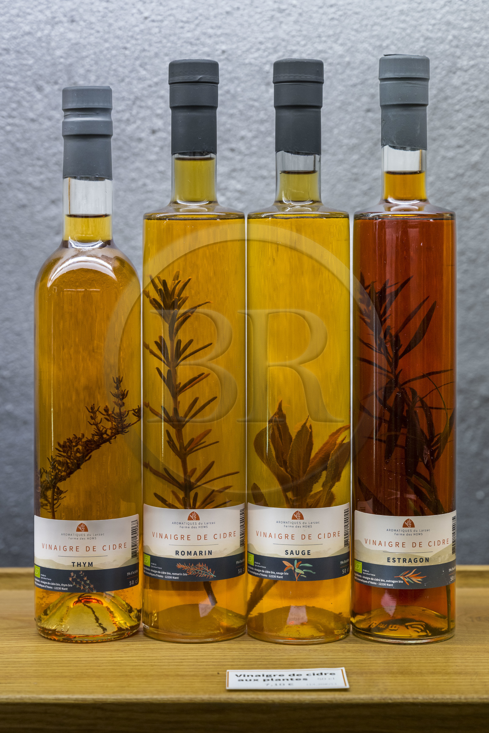 France, Aveyron, Nant, the Homs aromatic farm of Marion Renoud-Lias and Romain Debord, new generation farmers from Larzac, cider vinegar with plants is one of the products of the farm