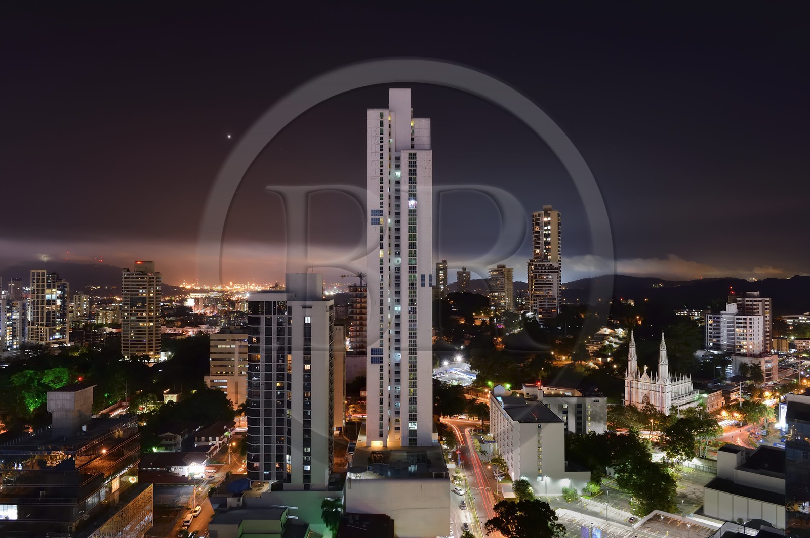 Panama, Panama City, downtown buildings in the ​​Marbella area and the church of the Carmen (iglesia del Carmen)