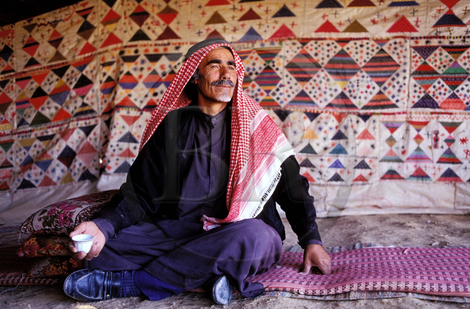 Jordan, Kerak, headman Bedouin under his tent