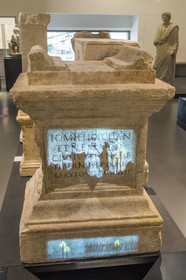 France, Gard, Nimes, Romanity museum (Musée de la Romanite) by architect Elizabeth de Portzamparc, epigraphic collection of stelae with honorary, dedicatory and funerary inscriptions, with enhancement and explanatory projection