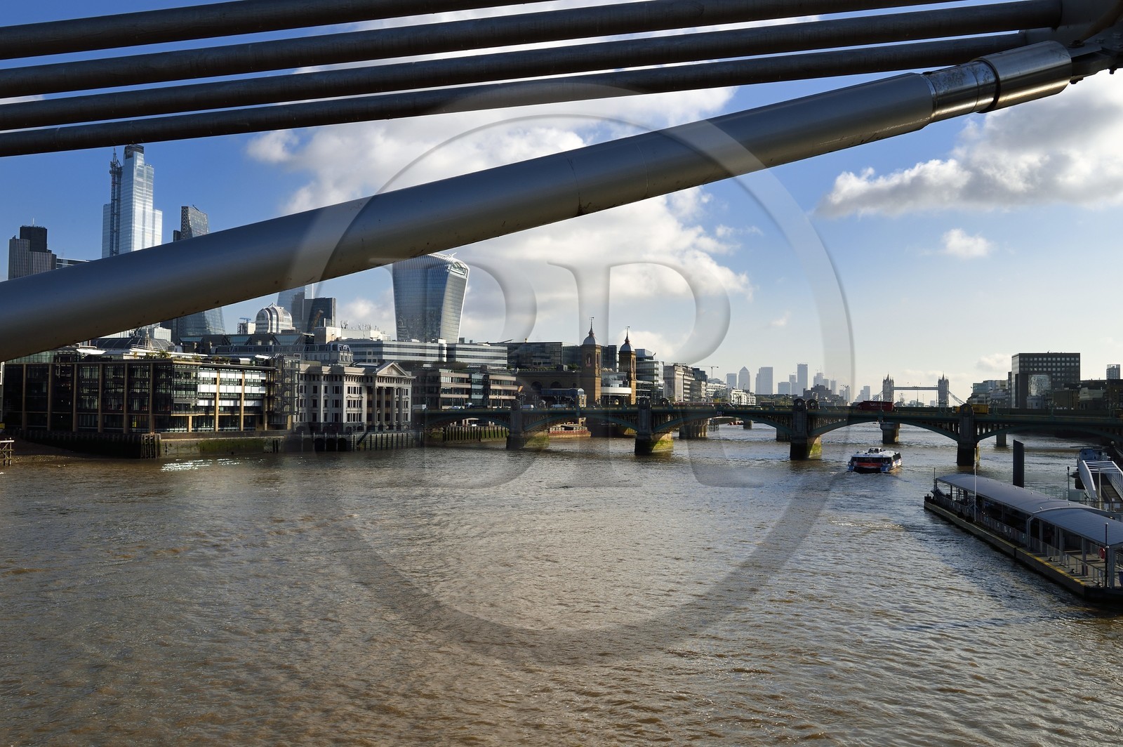 United Kingdom, London, the skyscrapers of the City with the 20 Fenchurch Street nicknamed the Walkie-Talkie designed by the architect Rafael Vinoly in the center, the bridge of Southwark Bridge on the Thames, the Tower Bridge in the background