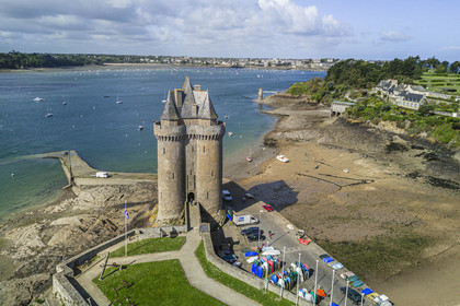France, Ille et Vilaine, Cote d'Emeraude (Emerald Coast), Saint Malo, Saint-Servan district, the port and the Solidor Tower built in 1382, Cap-Hornier Long-Course International Museum (aerial view)