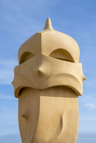 Spain, Catalonia, Barcelona, Eixample district, Passeig de Gracia, Pedrera or Casa Mila (1905-1910) by the Catalan modernist architect Antoni Gaudi, UNESCO World Heritage site, chimneys and ventilation towers on the roof terrace of the building