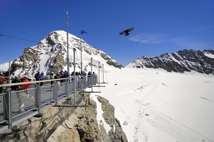 Switzerland, Bernese Oberland, Interlaken, the Jungfrau arrival station (3,454 m) known as the roof of Europe, classified as World Heritage by UNESCO, the outdoor platforms of the Sphinx observatory allow you to admire the high mountain landscape and the Monch summit (4107m)