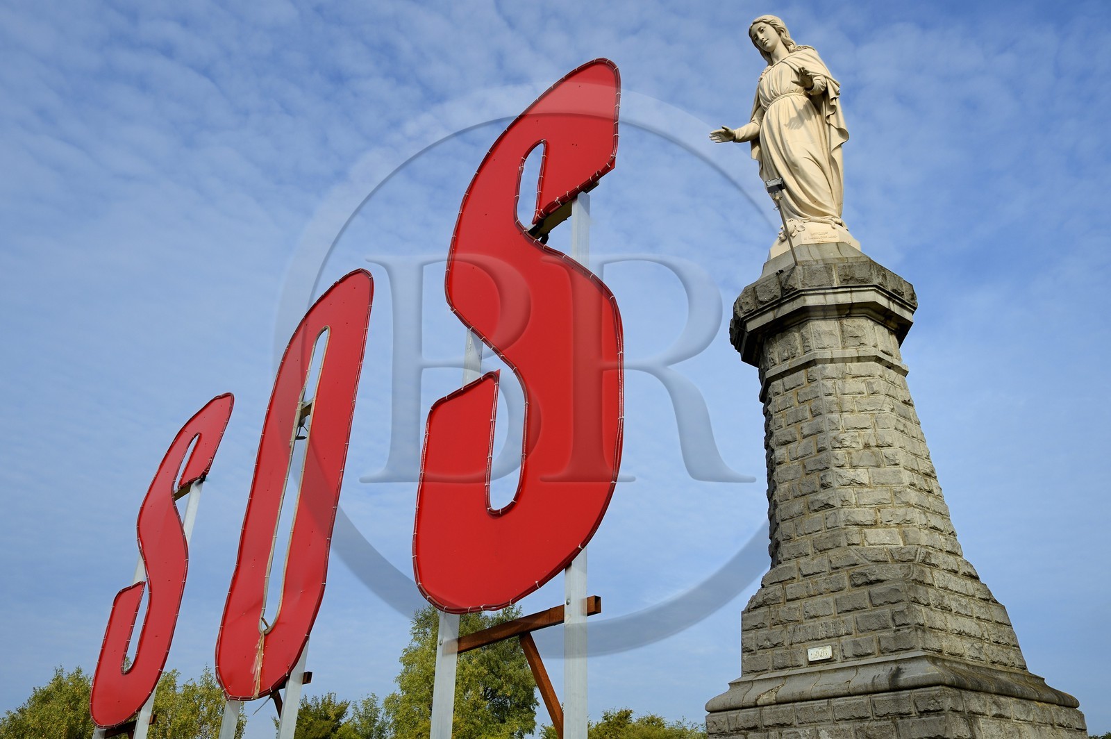 France, Moselle, Fensch Valley, Hayange, SOS to save the last Blast furnaces (known as of Florange) of ArcelorMittal next to the statue of the Blessed Virgin of Hayange