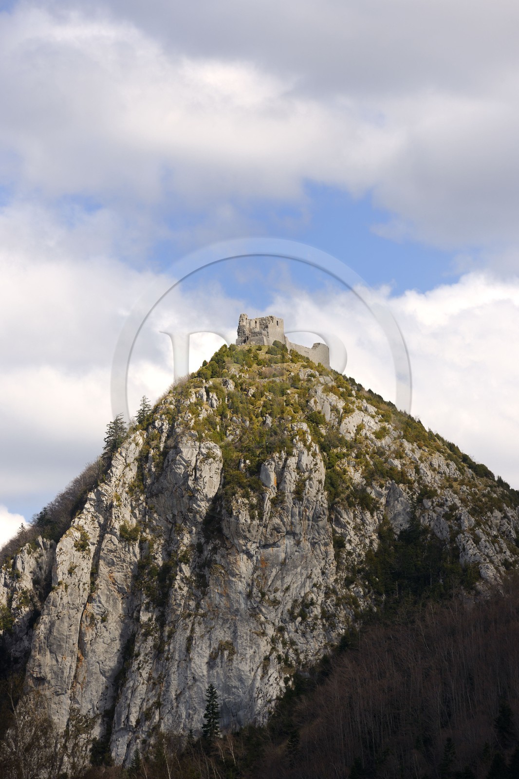 France, Ariege, Pays d' Olmes, Cathar Castle of Montsegur perched on a rock