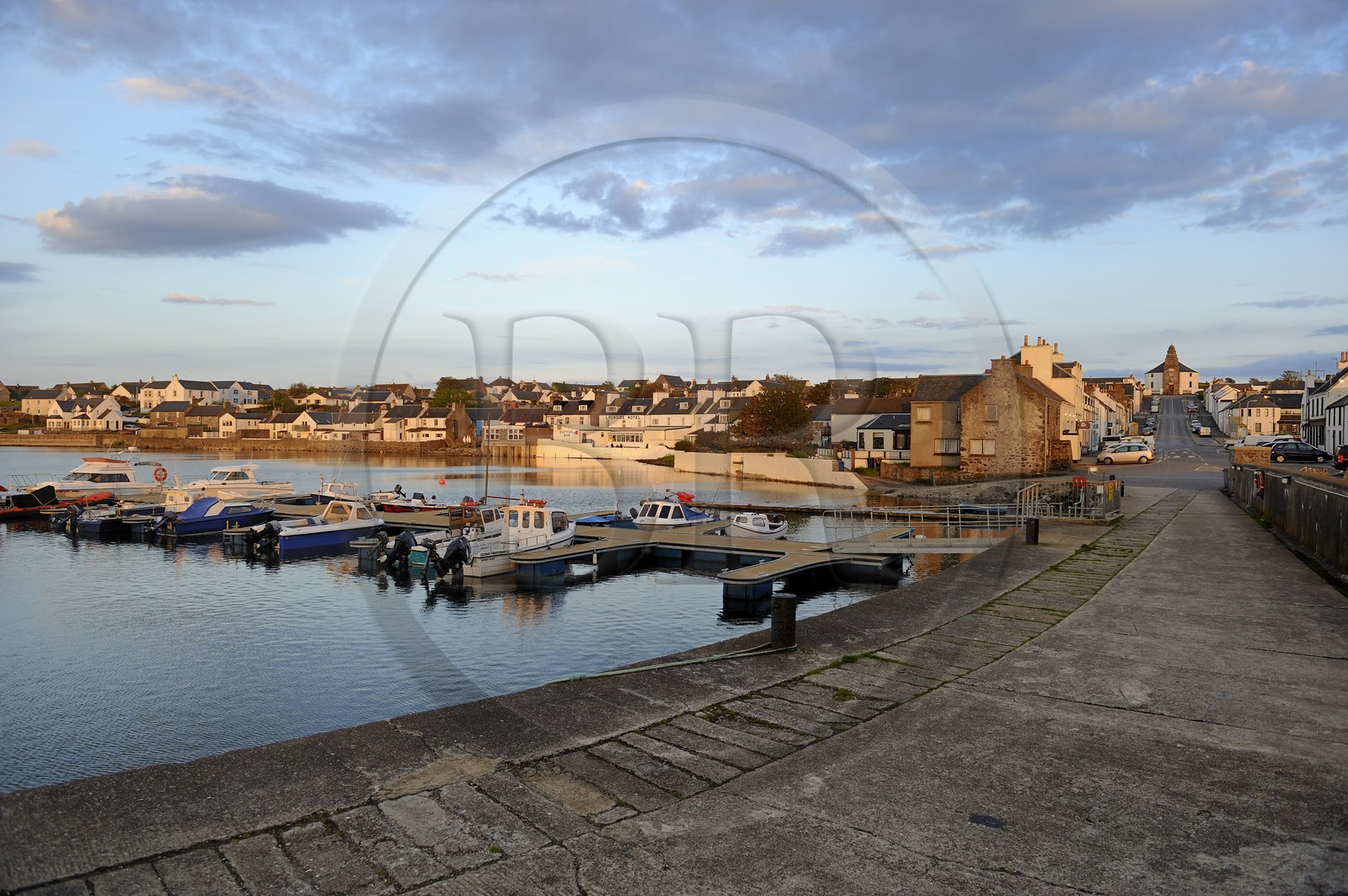 United Kingdom, Scotland, Inner Hebrides, Islay Island, Bowmore, the harbour and the main street leading to the Round Church which was built in a circular shape to prevent the devil from hiding in a corner