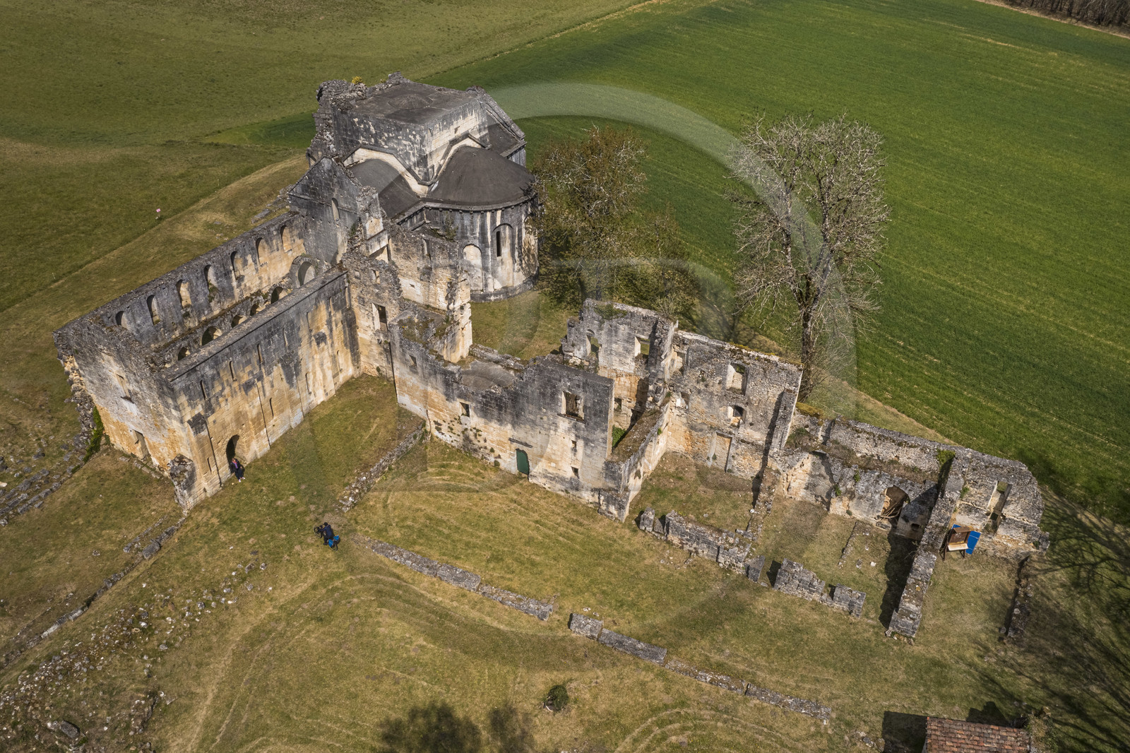 France, Dordogne, Perigord Vert, Villars, ruins of the Cistercian Abbey of Boschaud from the 12th century that belonged to the Abbey of Clairvaux (aerial view)