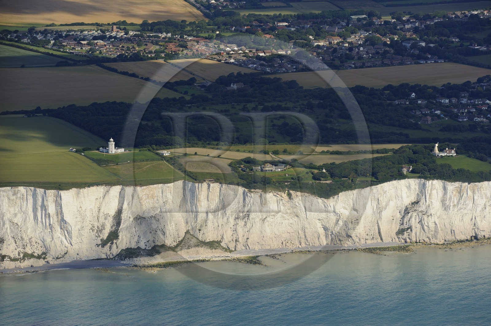 United Kingdom, England, Kent, St.Margaret's Bay, White Cliffs of Dover and the South Foreland lighthouse (aerial view)