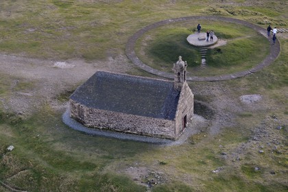France, Finistere, Parc Naturel Regional d'Armorique (Armorica Regional Natural Park), Monts d'Arree, Brasparts, the Saint Michel chapel at the top of Menez Mikael (aerial view)