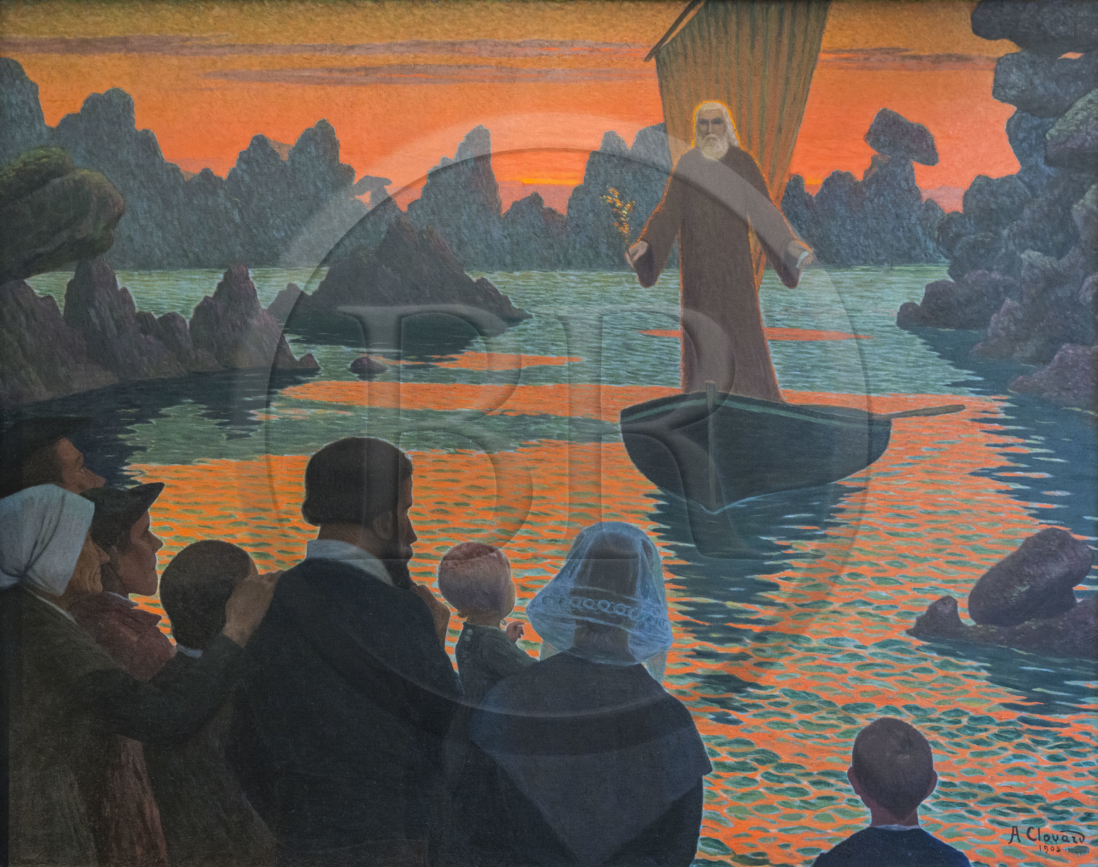 France, Côtes-d'Armor (22), Côte de Granit Rose, Perros-Guirec, Ploumanac'h, la chapelle Saint-Guirec, tableau du peintre Albert Clouard du début XXème siècle représentant l'arrivée de Saint-Guirec à Ploumanac'h