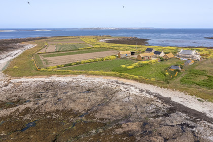 France, Finistère (29), Mer d'Iroise, archipel de Molène, Ile de Quéménès, ferme de Quéménès bio et autonome en énergie (vue aérienne)