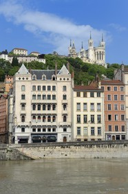 France, Rhone, Lyon, historical site listed as World Heritage by UNESCO, Vieux Lyon (Old Town), Saint George district, the quai Fulchiron along the Saone River and the Notre Dame de Fourviere basilica