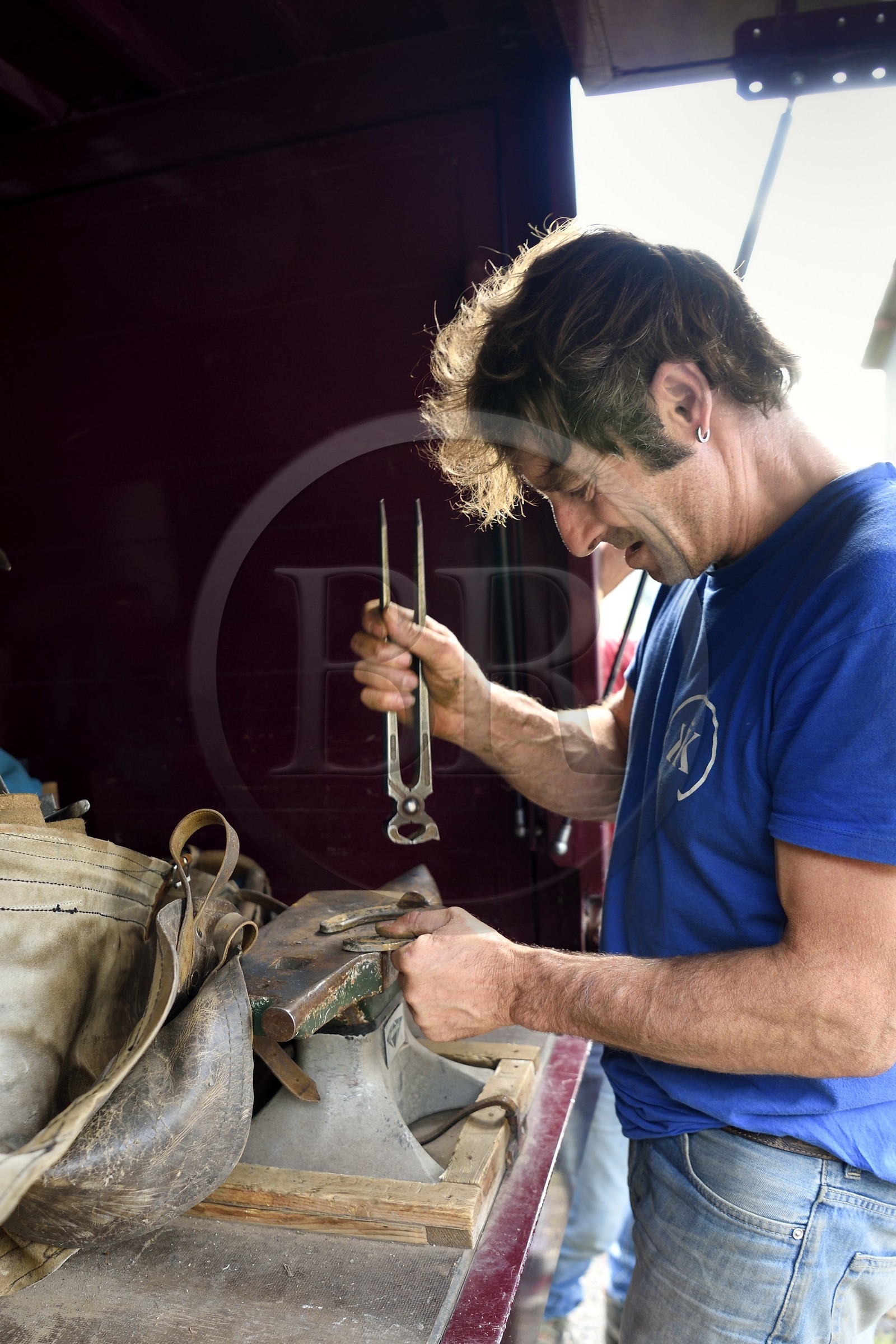 France, Ardèche (07), parc naturel régional des Monts d'Ardèche, massif du Mézenc, Lac-d'Issarlès, Ferme de La Louvèche, le maréchal Ferrant Olivier Rieu travaille un fer à cheval dans son atelier itinérant