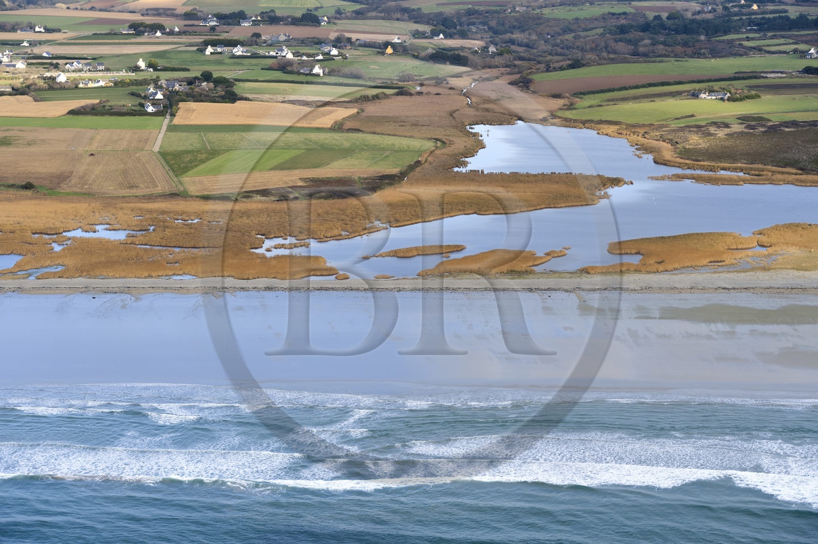 France, Finistere, Bay of Audierne, Kergalan pond located in the municipality of Treogat (aerial view)