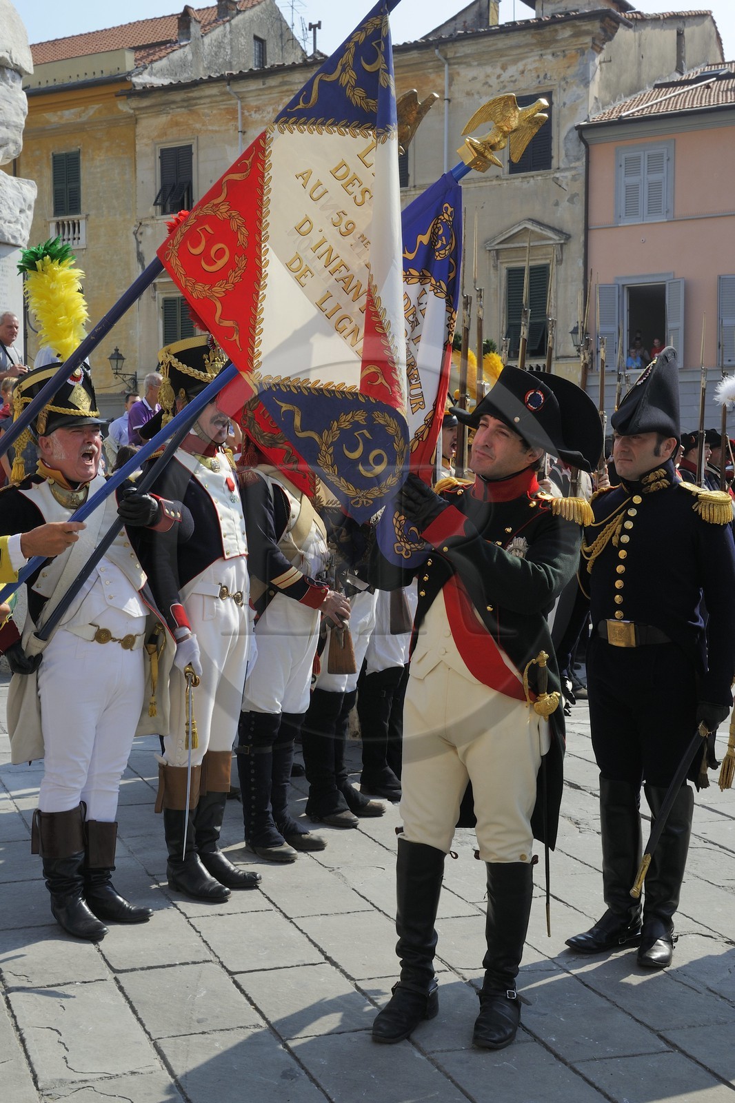 Italie, Ligurie, Sarzana, Napoleon Festival, Napoléon passe en revue les troupes sur la Piazza Matteotti