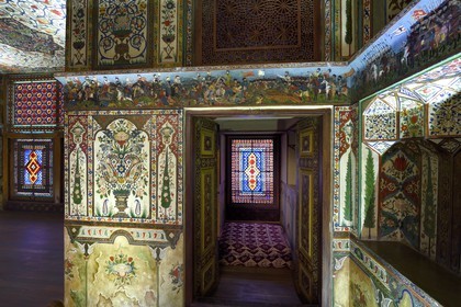 Azerbaijan, Shaki, Palace of Shaki Khans built in 1797 by Muhammed Hasan Khan, Khan's room, fresco depicting scenes of battles