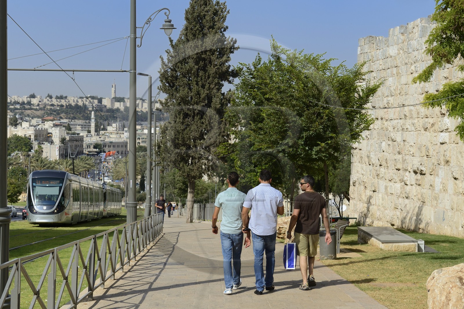 Israel, Jerusalem light rail along the walls of the old city, the line is 13.9 kilometers (8.6 mi) long with 23 stops and the train began to run on August 19, 2011