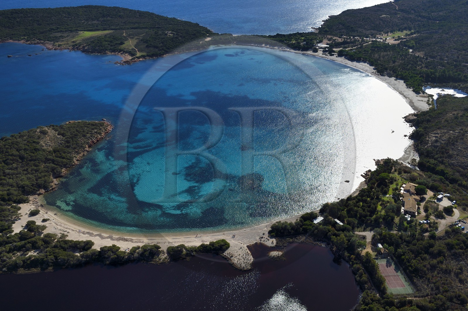 France, Corse du Sud, Bouche de Bonifacio Nature Reserve, Rondinara bay and beach (aerial view)