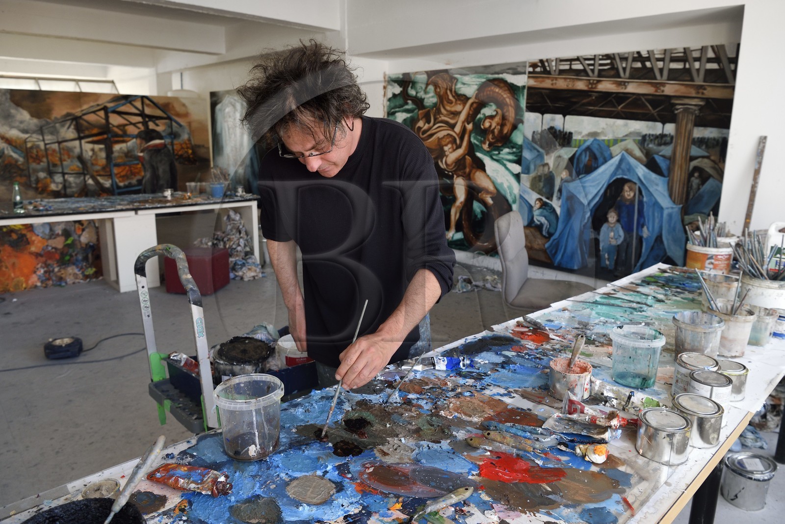 France, Val-de-Marne (94), Yvry-sur-Seine, Atelier de Fred Kleinberg, travail pour l'exposition Odyssée