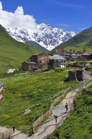 Géorgie, Haute Svanétie (Zemo Svaneti), village de Ushguli, classé Patrimoine Mondial de l'UNESCO, tours défensives Svanes dressées à coté des maisons et le mont Chkhara (plus haut sommet de Georgie avec 5 193 m) en arrière plan