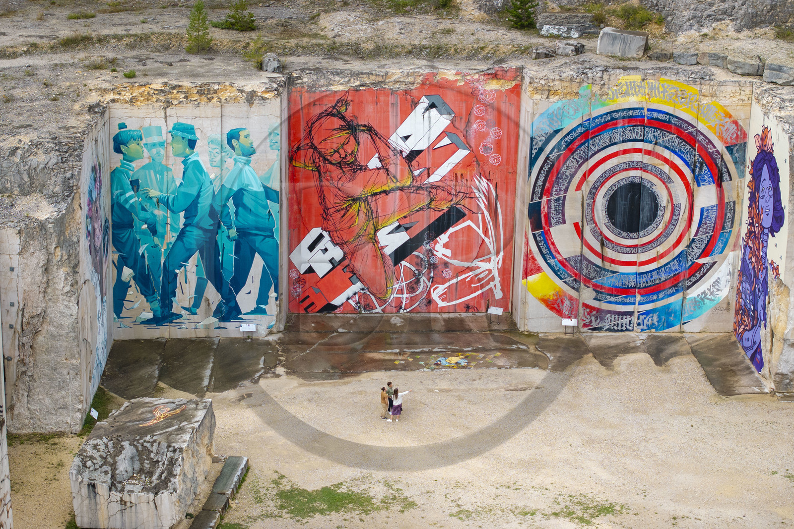 France, Cote d'Or, Villars Fontaine, La Karriere, street art frescoes in a former Burgundy stone quarry (aerial view)