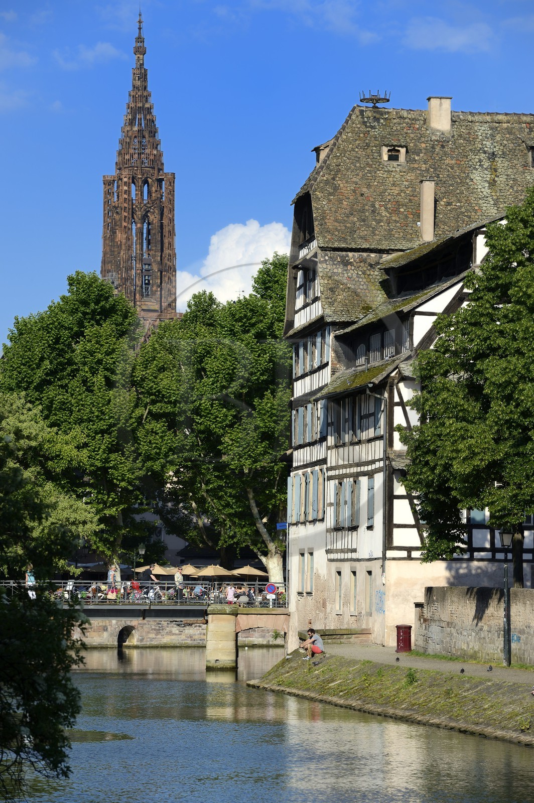 France, Bas-Rhin (67), Strasbourg, vieille ville classée au Patrimoine Mondial de l'UNESCO, quartier de la Petite France, le pont du Faisan et quai de la Petite France sur un bras de l'Ill, la cathédrale Notre Dame en arrière plan