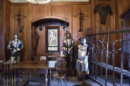 France, Bas Rhin, Orschwiller, Alsace Wine Road, Haut Koenigsbourg Castle, the arms room presents the various halberds, swords, crossbows and armors