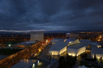 Spain, Andalusia, Granada, on the left the Caja Granada Cultural Center, museum dedicated to the history of Andausia and Contemporary Art Center, on the right the Park of sciences (Parque de las Ciencias)