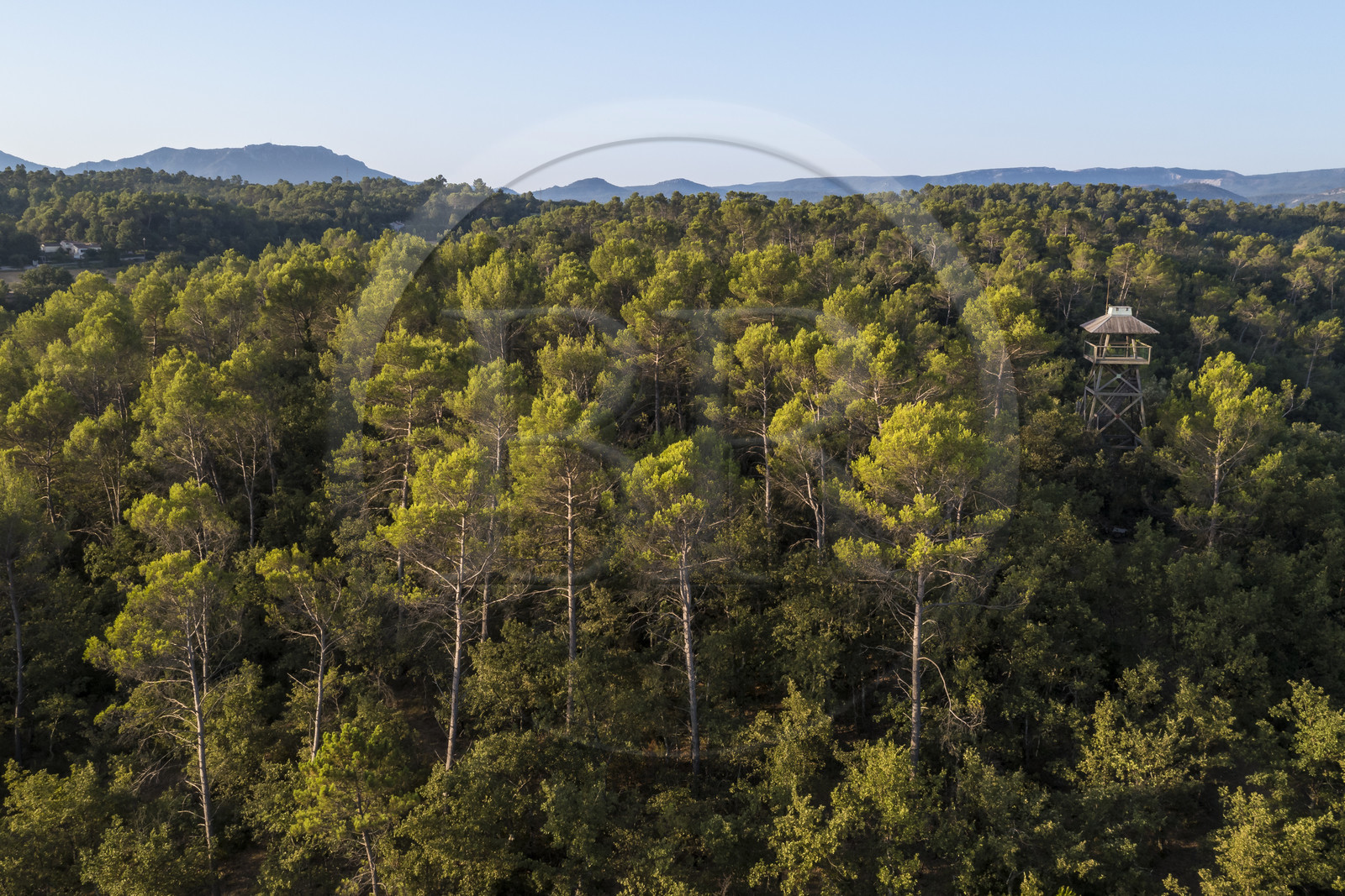 France, Var (83), Provence Verte, Bras, Académie du Bain de Forêt Provençale, forêt du domaine Le Peyrourier - une campagne en Provence, la tour de gué (vue aérienne