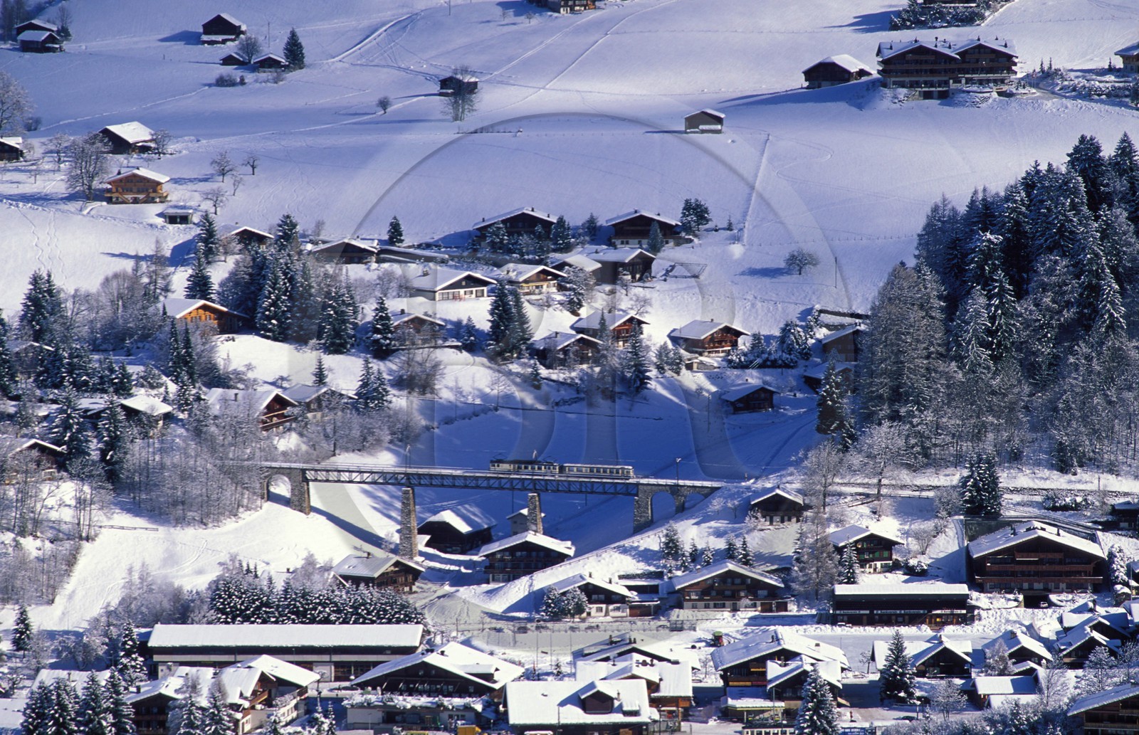 Suisse, région de Bern (Oberland Bernois), Gstaad, passage du train M.O.B (Montreux-Oberland-Bernois) dans le village