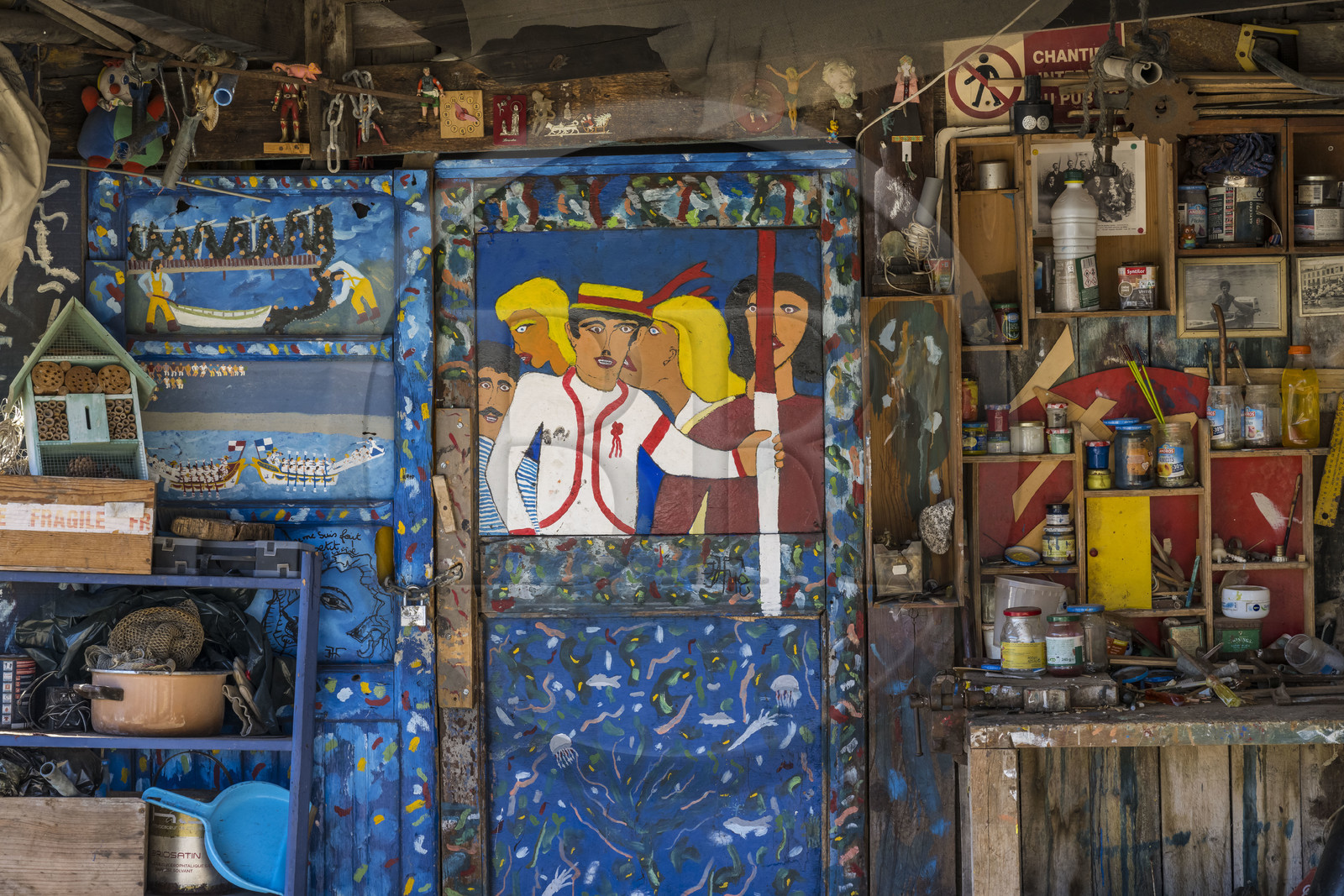 France, Herault, Sete, la Pointe Courte district, fishing district on the banks of the Etang de Thau, painting representing the joutes in a fisherman's hut
