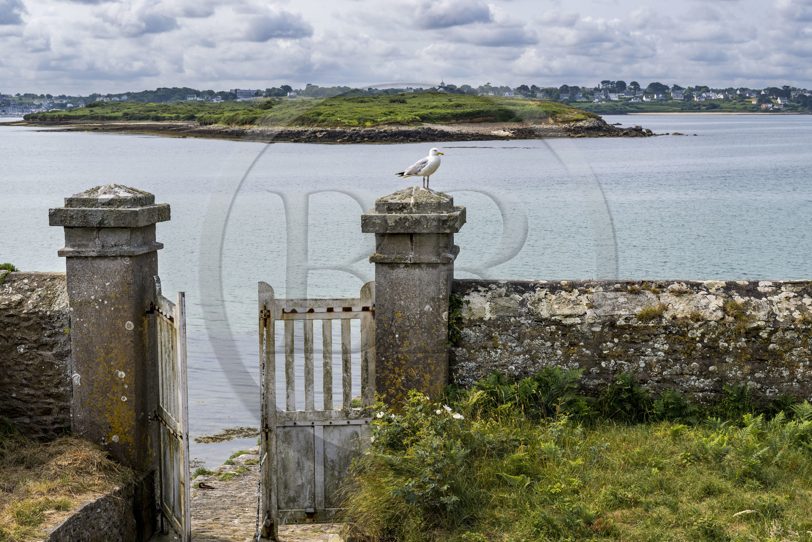 France, Finistère (29), Pays des Abers, estuaire de l'Aber Wrac'h, phare de l'Ile Wrac'h et les petites Iles Vrac'h en arrière plan (vue aérienne)