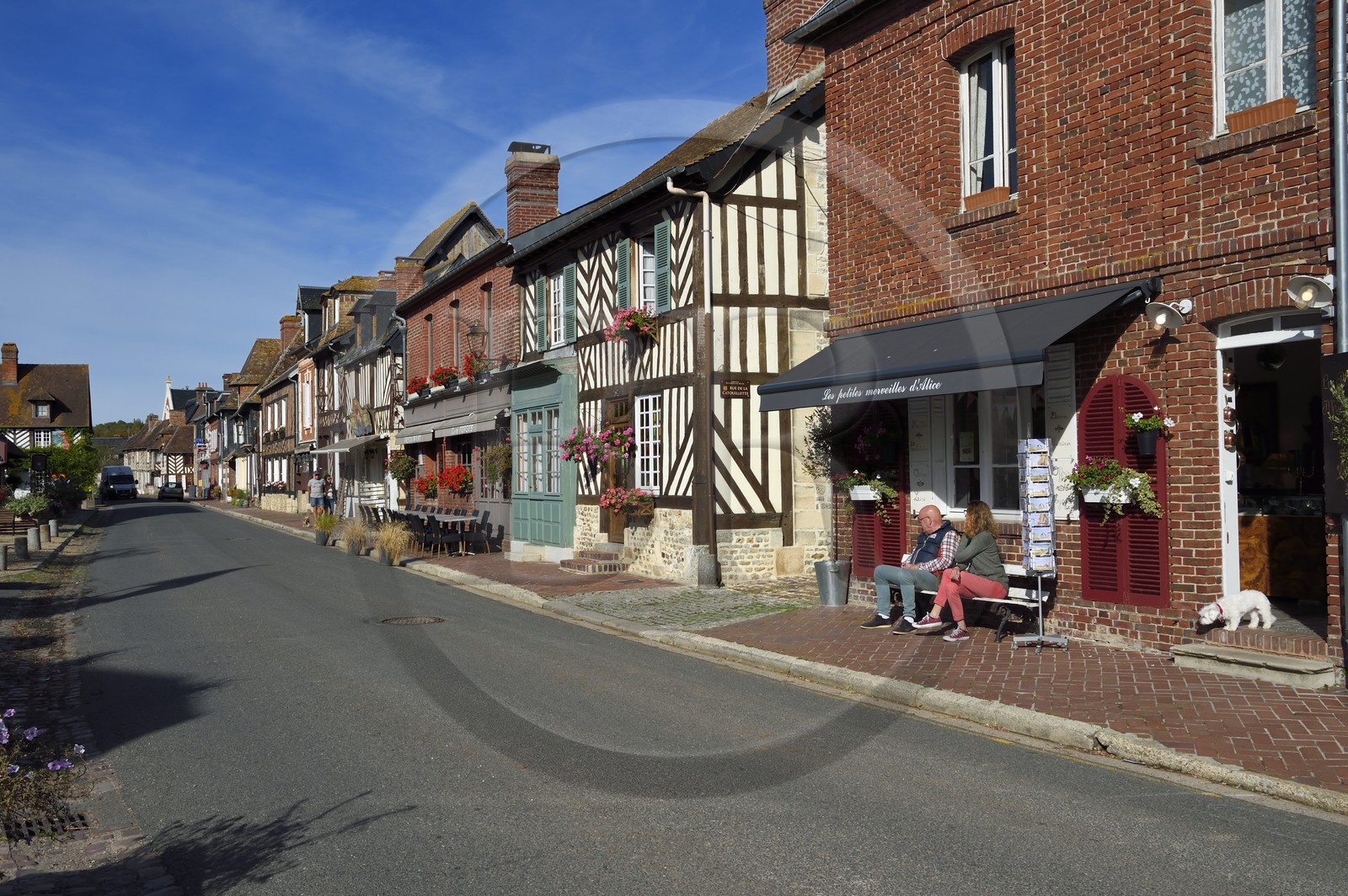 France, Calvados (14), Pays d' Auge, Beuvron-en-Auge, labellisé Les Plus Beaux Villages de France, maisons à pans de bois dans la rue principale