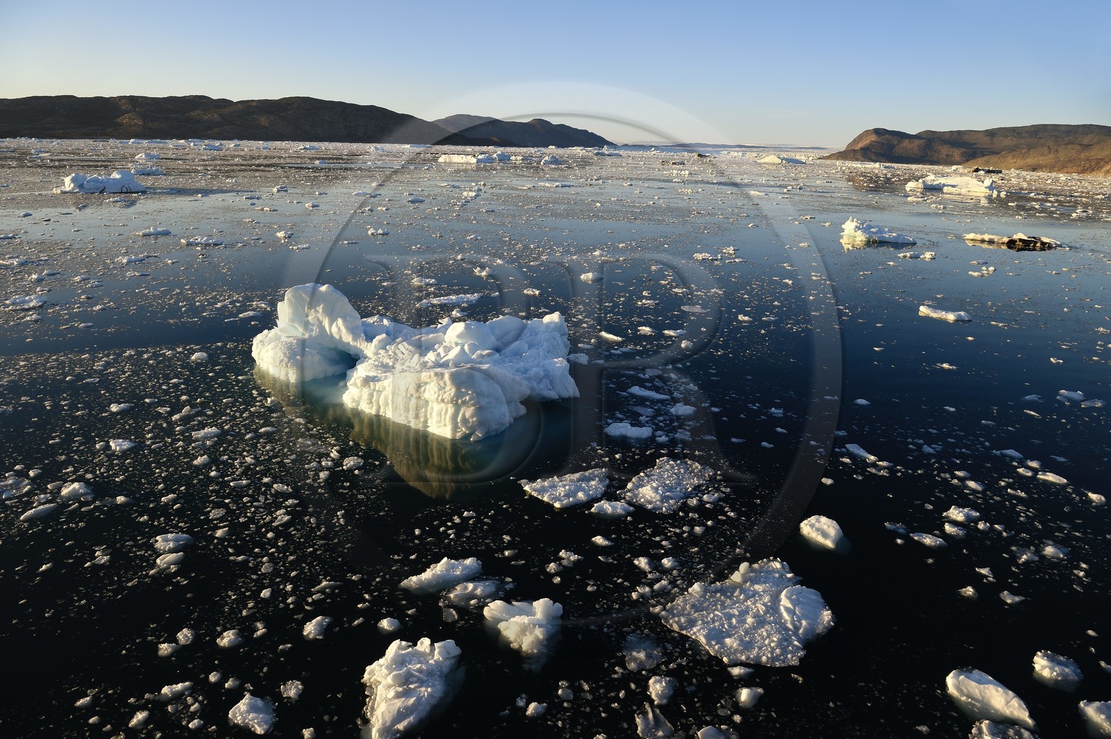 Groenland, cote ouest, baie de Disko, icebergs dans la baie de Quervain, le glacier Kangilerngata sermia voisin du glacier Eqip Sermia (glacier Eqi) en arrière plan