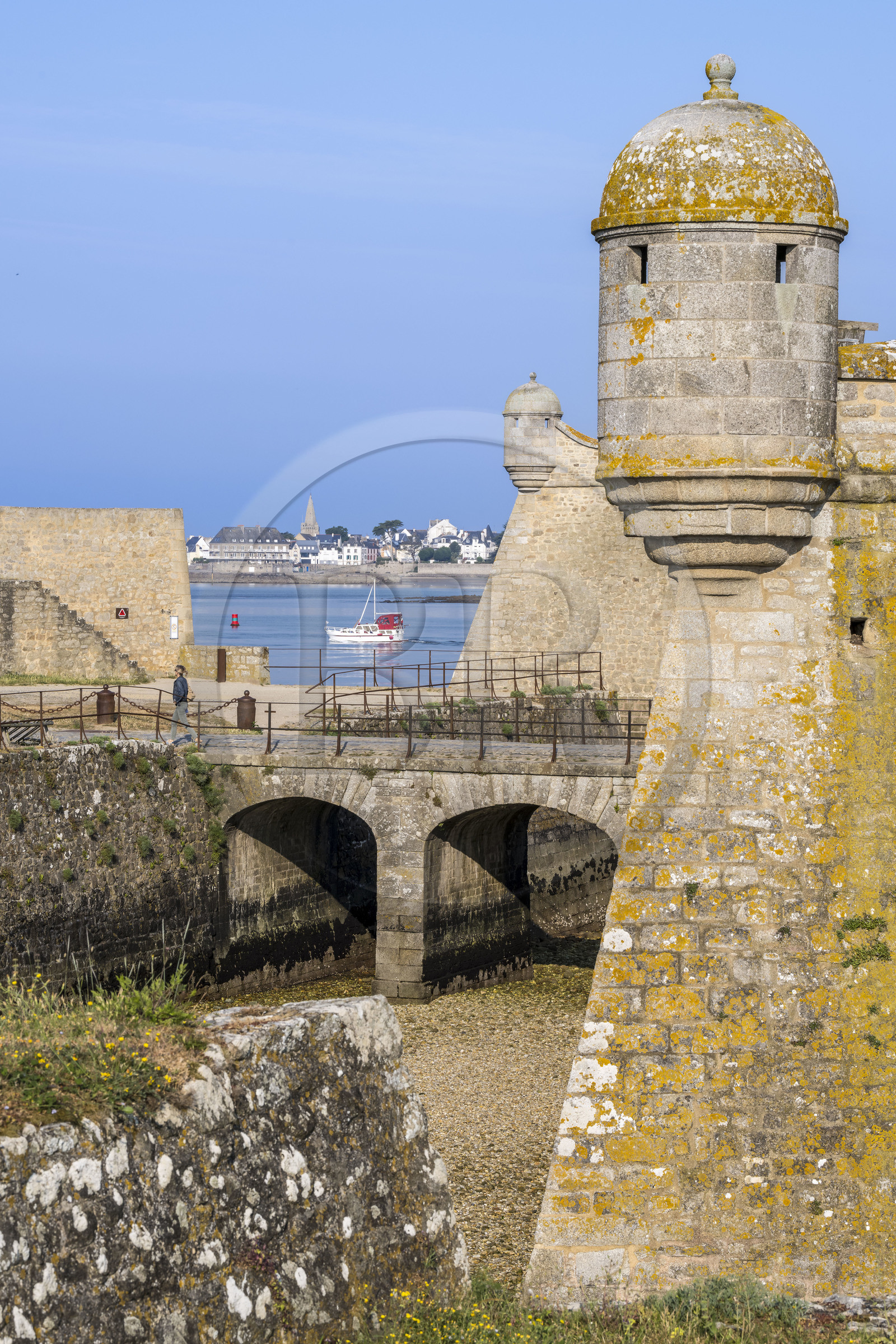 France, Morbihan, Port-Louis, Port Louis Citadel modified by Vauban, at Lorient harbour entrance, museum of the Compagnie des Indes, watchtowers around the first entrance door, Larmor-Plage in the background