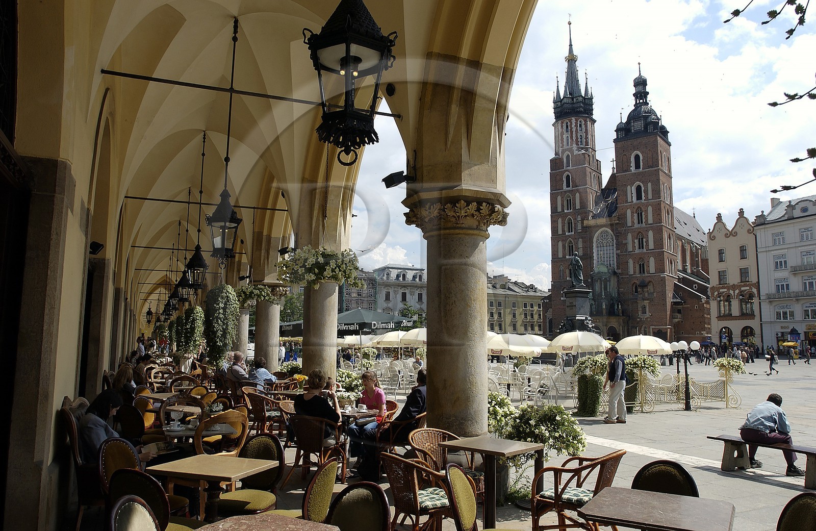 Pologne, Cracovie, vieille ville (Stare Miasto), terrasse de café sous la Halle aux Draps sur la place du Marché face à Notre-Dame