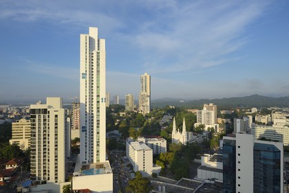 Panama, Panama City, downtown buildings in the ​​Marbella area and the church of the Carmen (iglesia del Carmen)