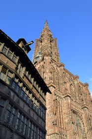 France, Bas-Rhin (67), Strasbourg, vieille ville classée au Patrimoine Mondial de l'UNESCO, place de la cathédrale, la maison Kammerzell (15ème siècle) convertie en un hôtel et restaurant, la cathédrale Notre Dame en arrière plan