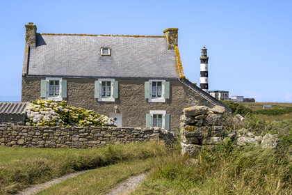 France, Finistère (29), Mer d'Iroise, Ile d'Ouessant, maison à Cost Ar Reun et le phare du Créac’h en arrière plan