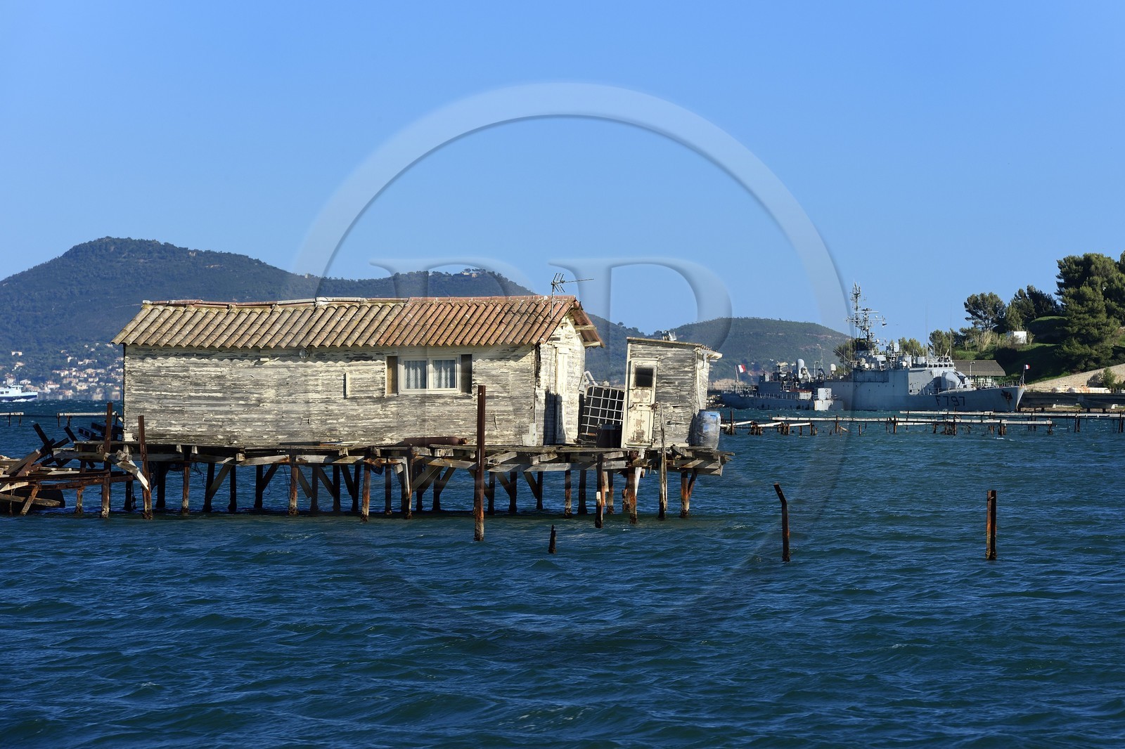 France, Var, the Rade (Roadstead) of Toulon, La Seyne-sur-Mer, mussels and oysters Park, aquaculture farm