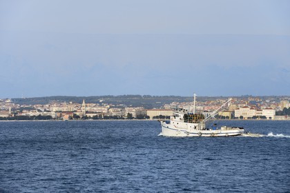 Croatie, Dalmatie, côte dalmate, Ile d’Ugljan, Preko, départ à la pêche au thon, Zadar en arrière plan