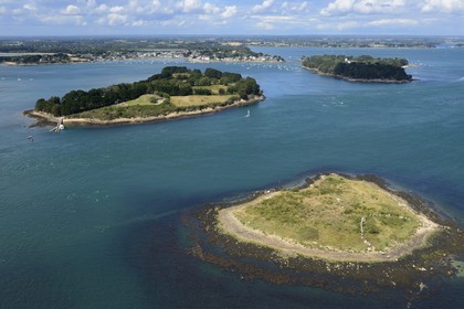 France, Morbihan (56), Golfe du Morbihan, île d'Er Lannic avec un site mégalithique cromlec'h, en arrière plan le Cairn de Gavrinis datant de 3500 avant J.C. sur l'Ile de Gavrinis devant Larmor Baden (vue aérienne)