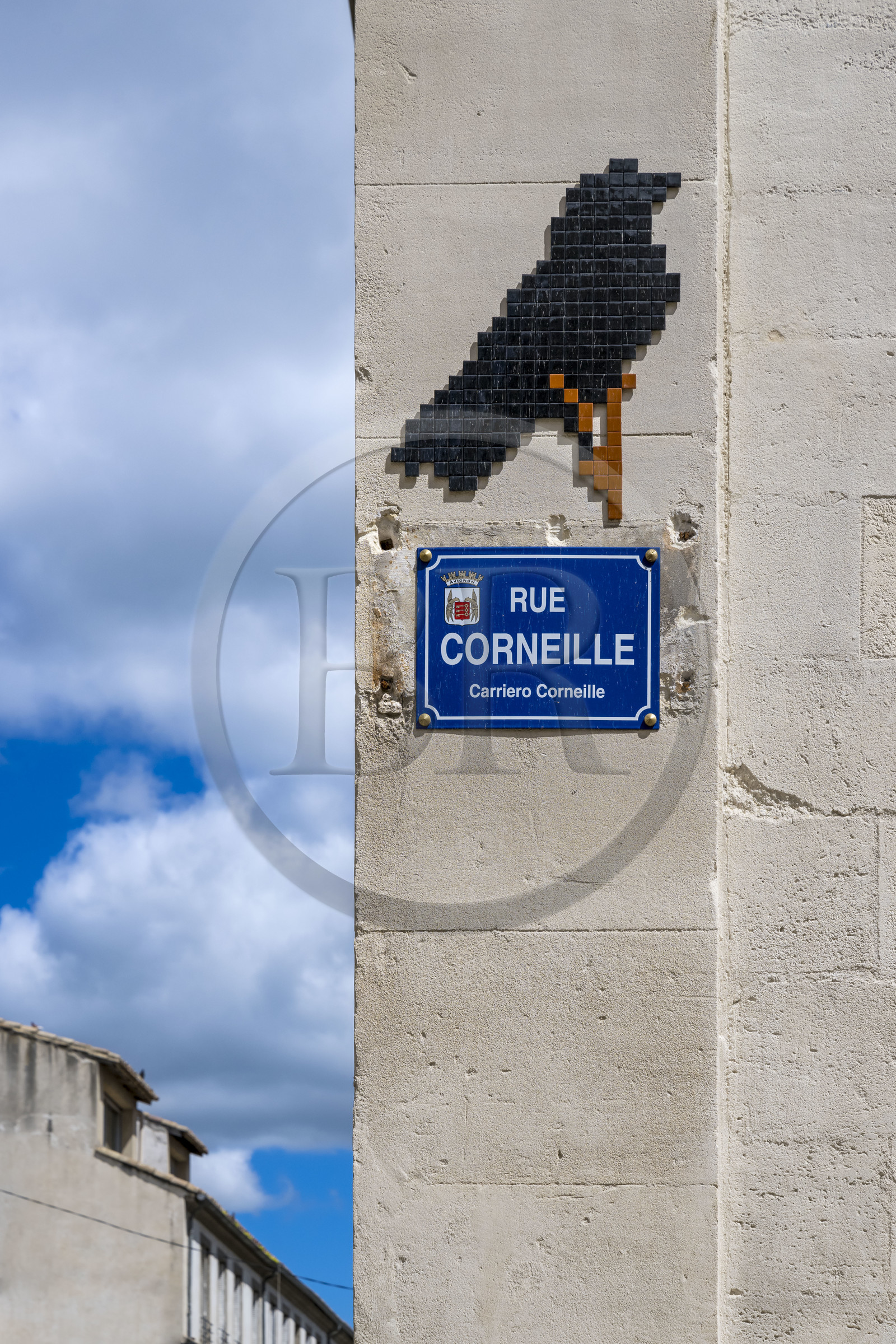 France, Vaucluse (84), Avignon, corneille en émaux pour habiller la plaque de rue de la rue Corneille par le street-artiste orléanais Mifamosa