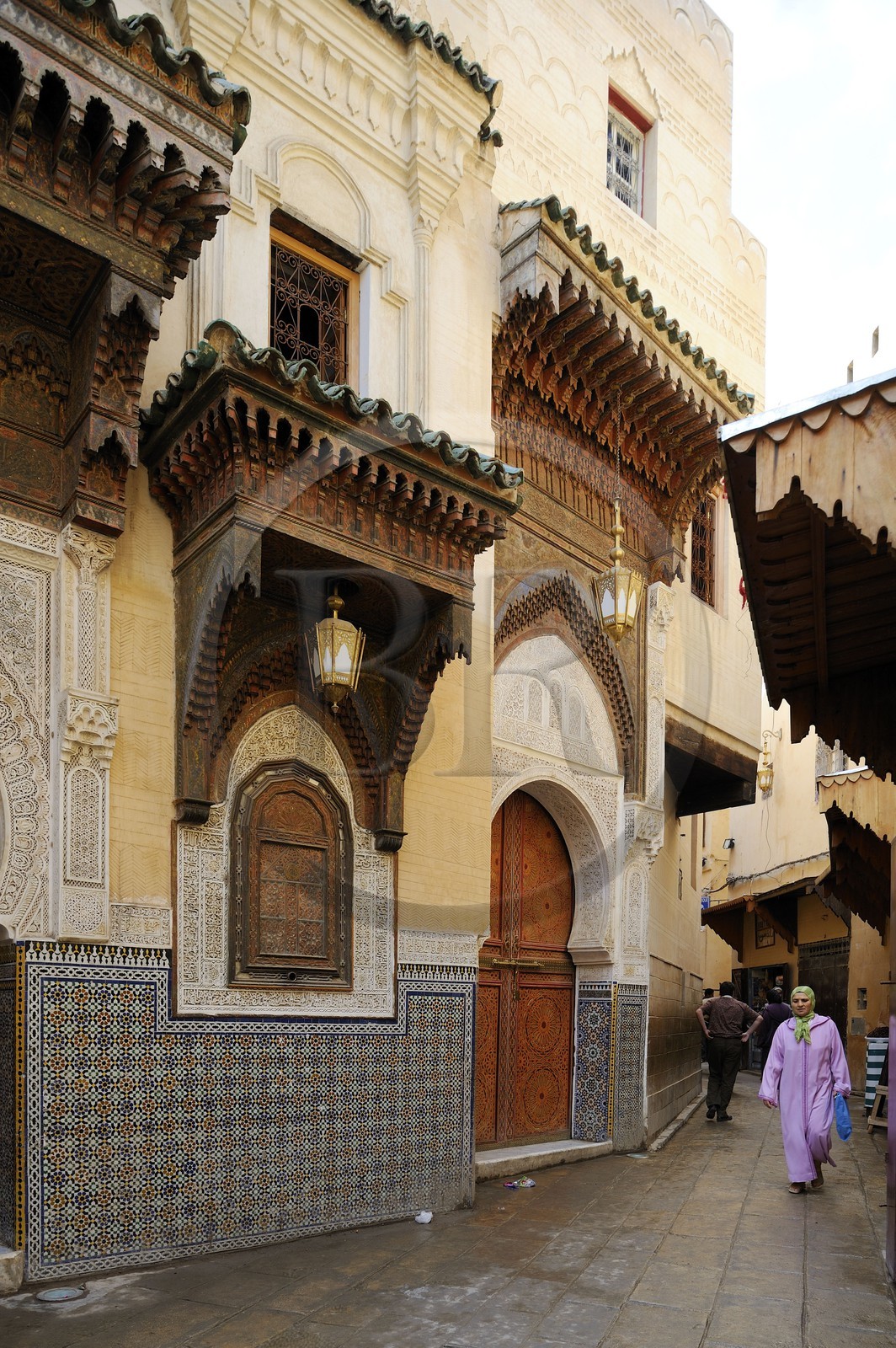 Morocco, Middle Atlas, Fez, Imperial City, Fez El Bali, medina listed as World Heritage by UNESCO, Zaouia funerary mosque of Sidi Ahmed Tijani, fine-cut facade and zelliges of the side entry